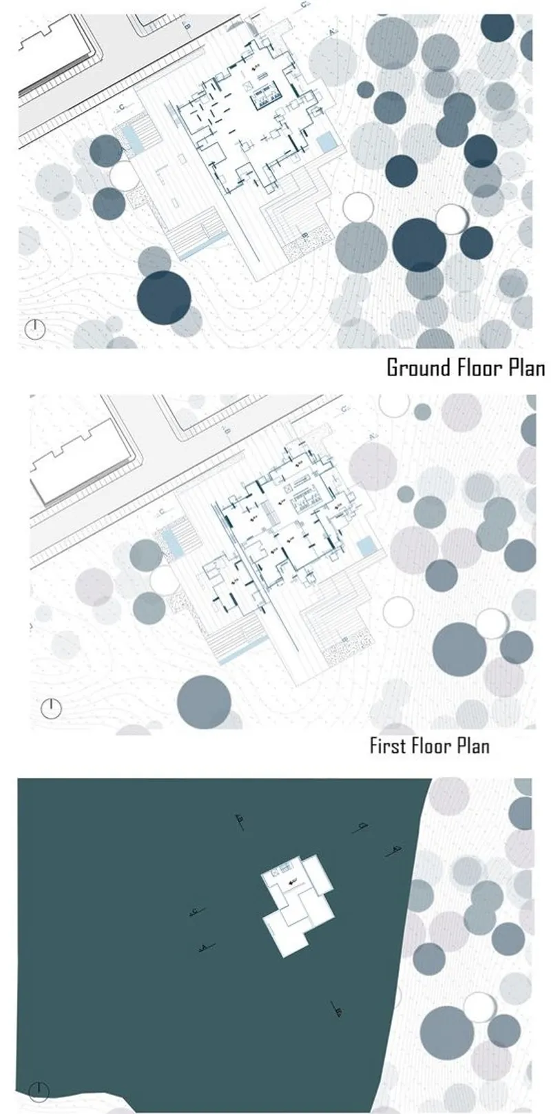 Architectural plans: Ground, first, and roof levels with landscaping.