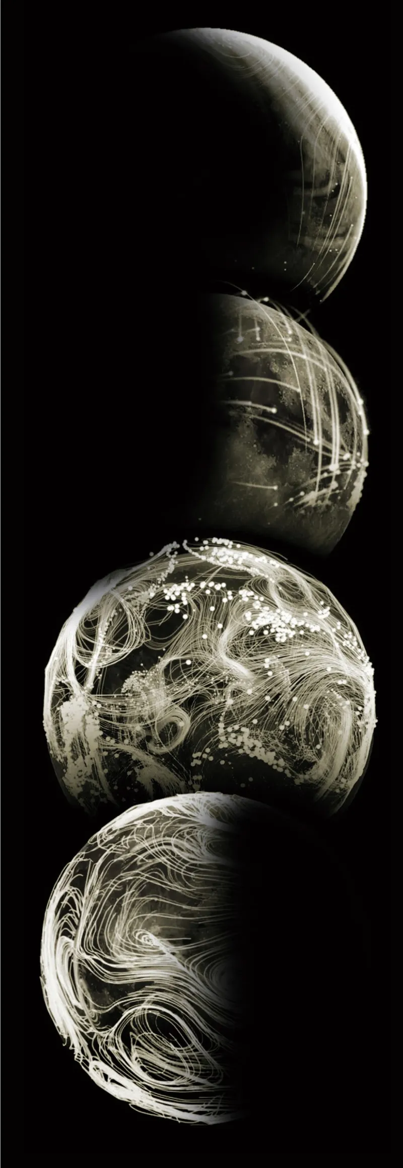 Artistic renderings of dynamic lunar surface patterns.