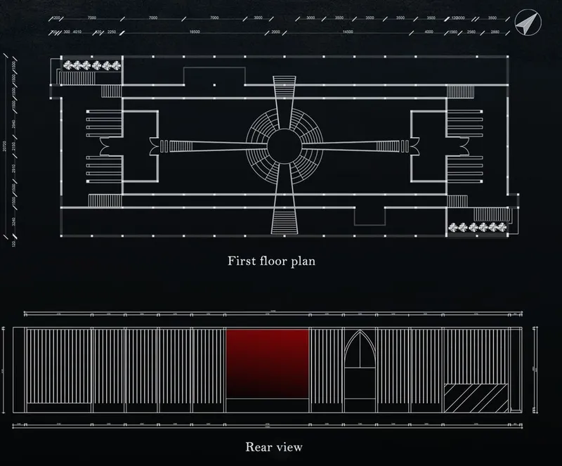 Museum first floor plan: Central atrium and gallery wings.