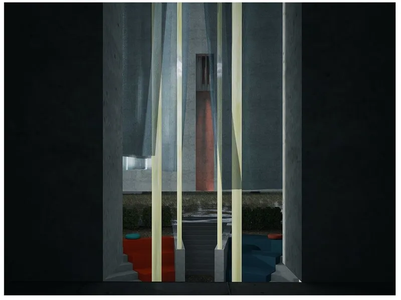 Atrium view: Connecting space with contrasting colors.