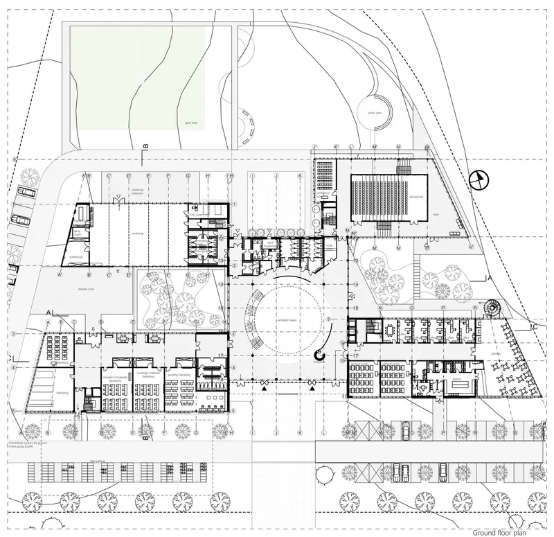 Ground floor plan emphasizing central atrium.