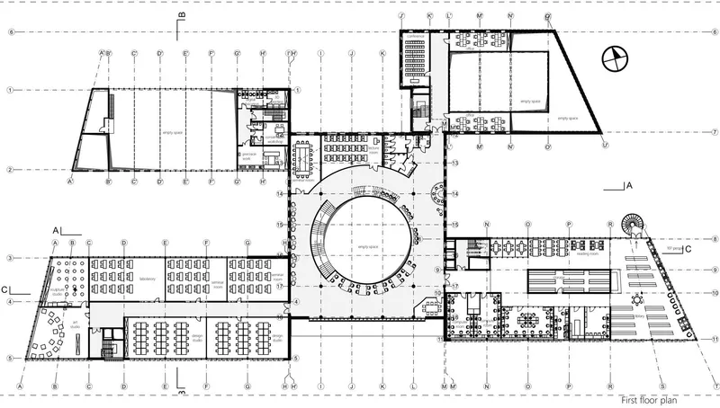 First floor plan: collaborative learning spaces.