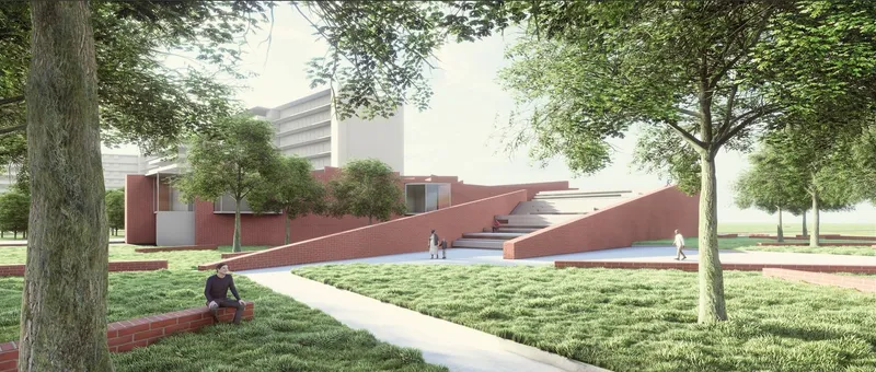 Modern communal living space with integrated green areas.
