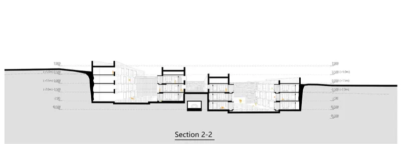 Detailed section 2-2 showcasing the hotel's underground structure.