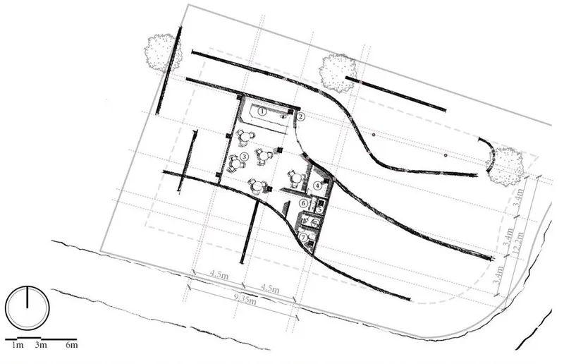 Detailed floor plan showcasing seating arrangement and curved pathways.