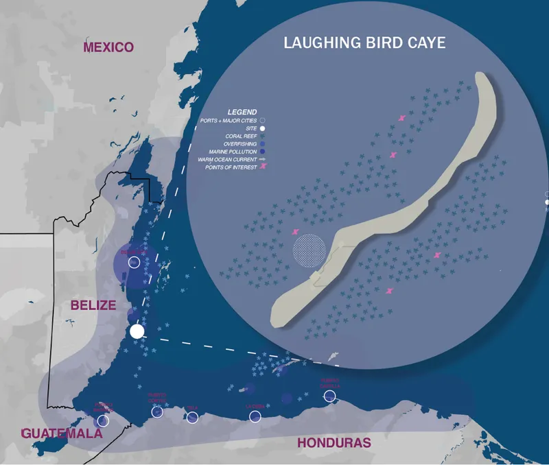 Map highlighting Laughing Bird Caye and surrounding marine areas.