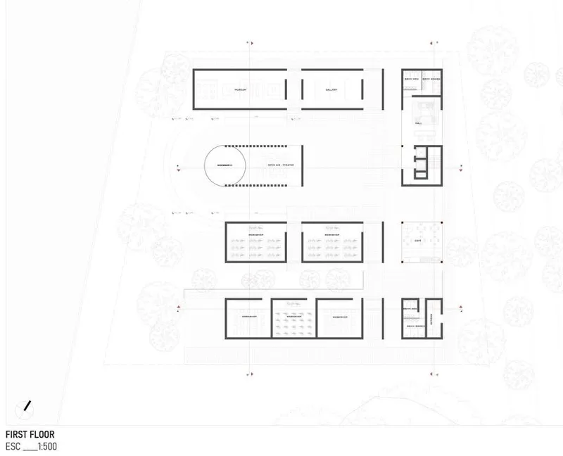 First floor plan highlighting functional zones and courtyards.