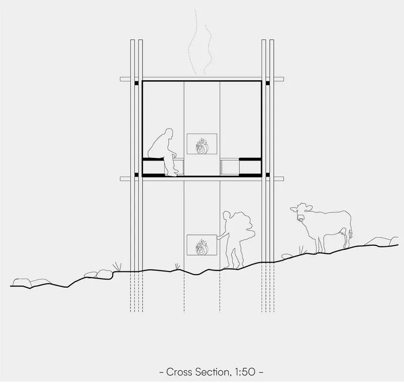 "Above" cabin: Cross-section revealing fire-centric design.
