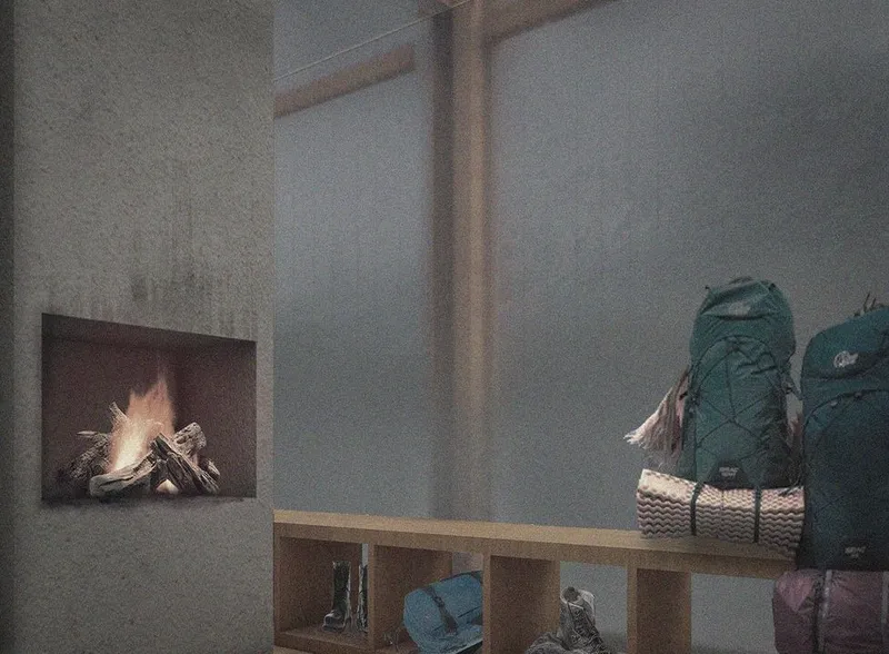 "Above" cabin: Fireplace's warmth, hiker's respite.