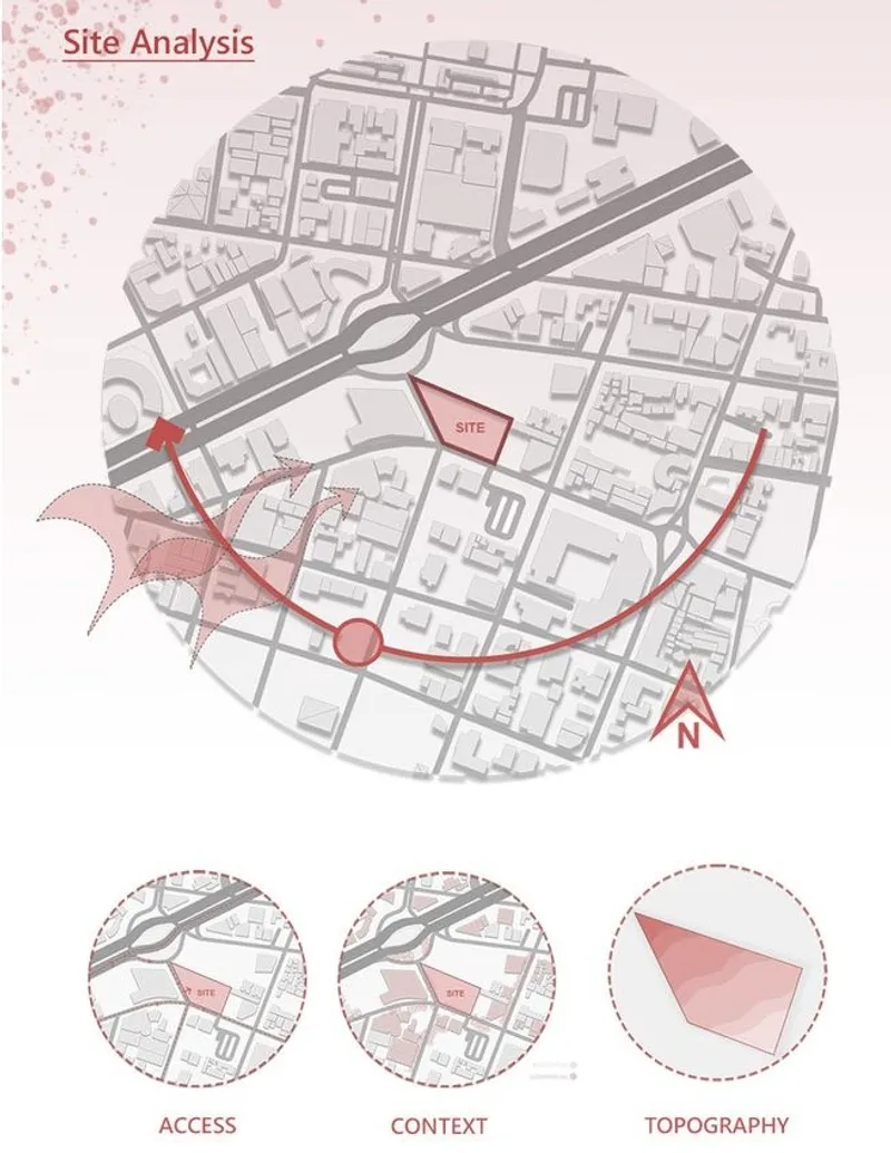 Site analysis showing access, context, and topography.