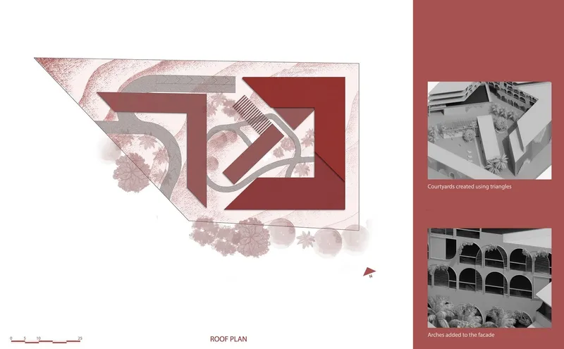 Roof plan highlights triangular courtyards and arches.