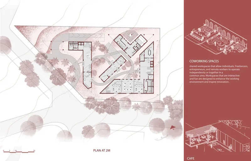 Ground floor plan featuring coworking spaces and a cafe.