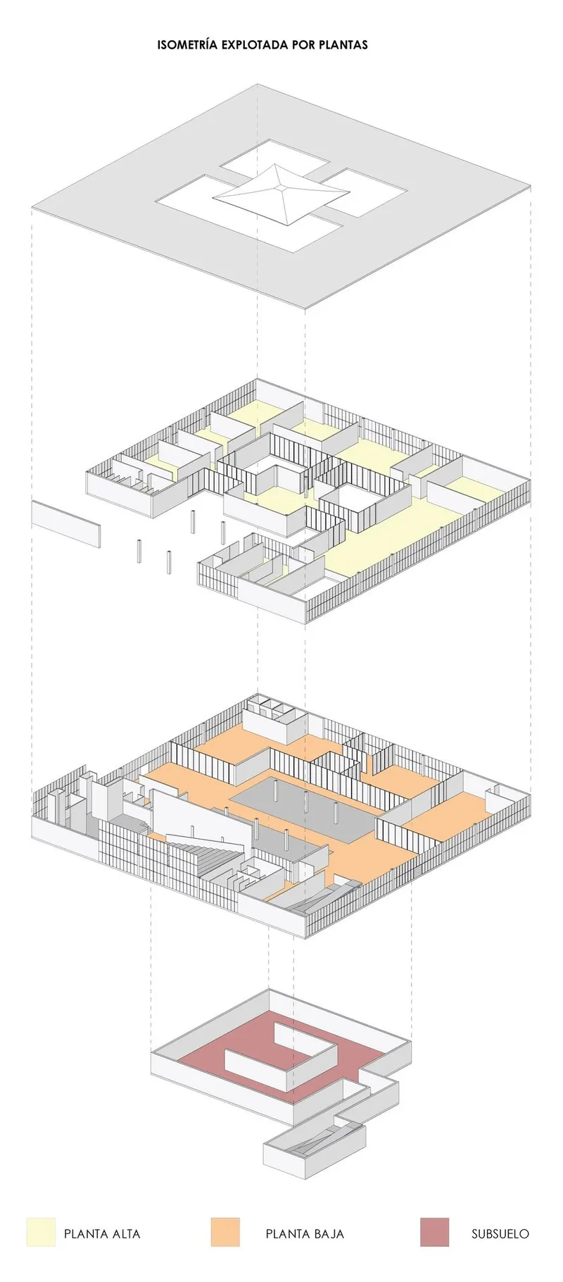 Exploded isometric view showing upper, ground, and basement levels.