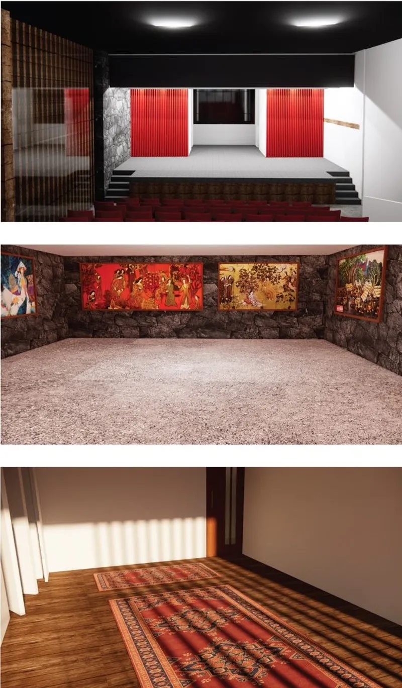 Mini-theater stage, art gallery with Vietnamese paintings, and sunlit room with traditional rug.