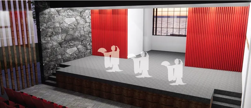 Mini-theater stage with stone walls and red curtains.