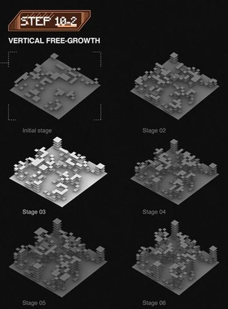 Vertical free-growth stages for lunar habitat expansion.