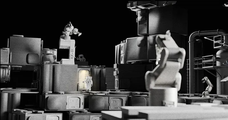 Astronauts and robotic arms working on modular lunar base.