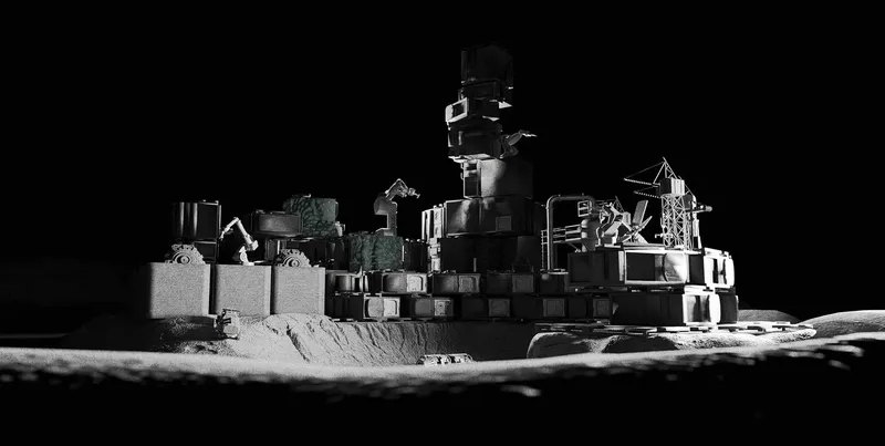 Lunar base modules arranged for optimal solar energy use.
