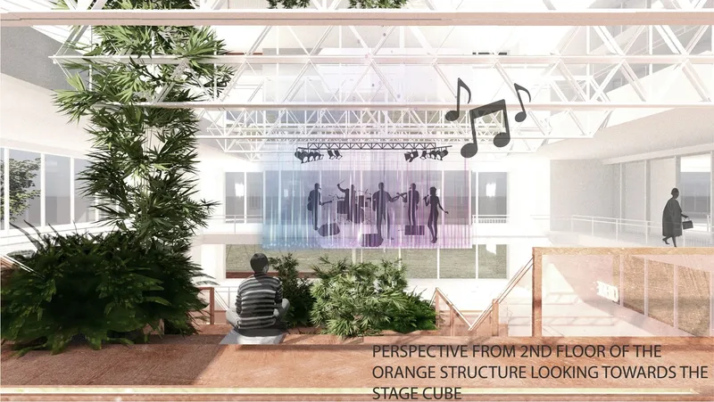 Indoor stage blends music, nature, and modern design.