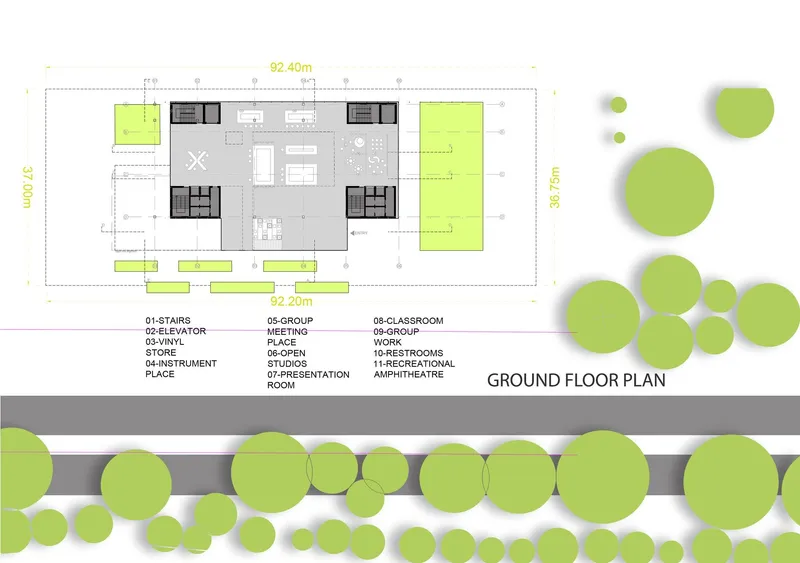 Ground floor plan for a music and performance center.