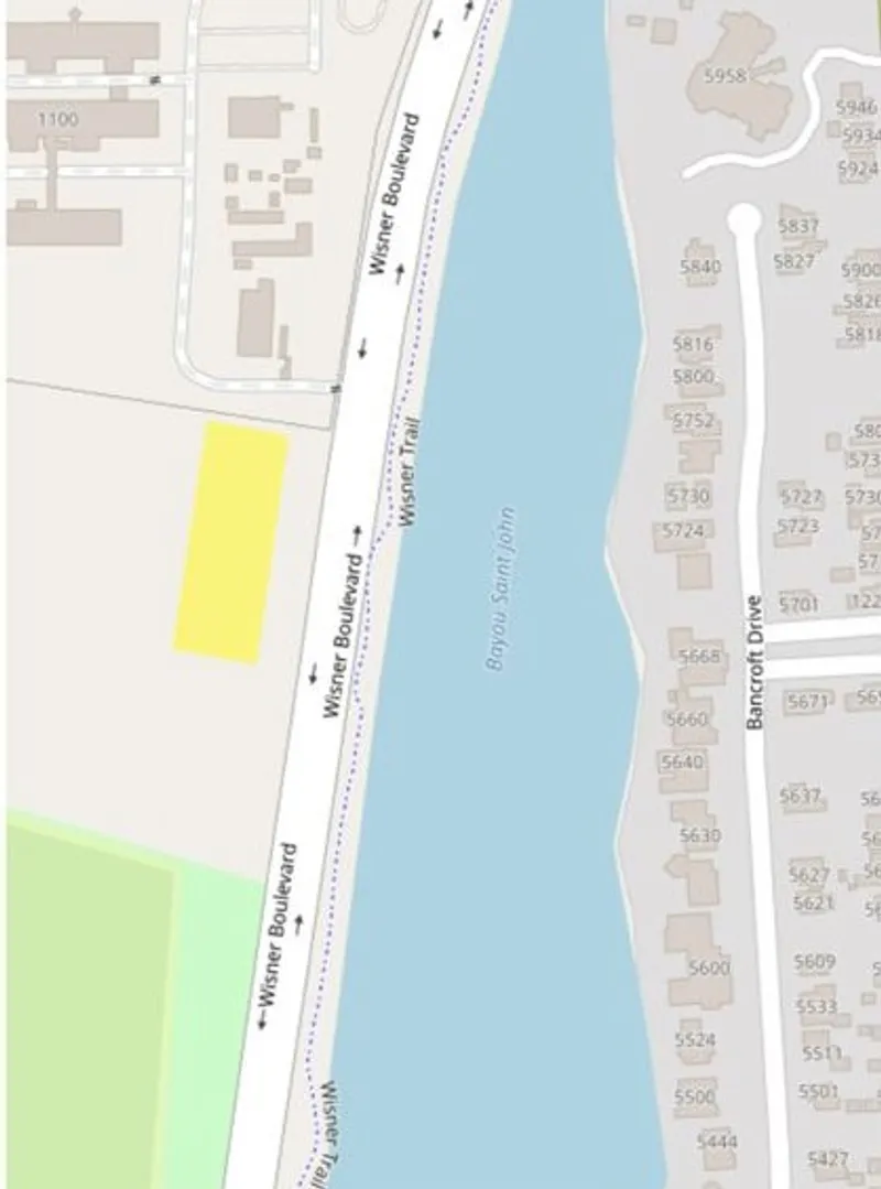 Map highlights a site along Bayou St. John and Wisner Boulevard.