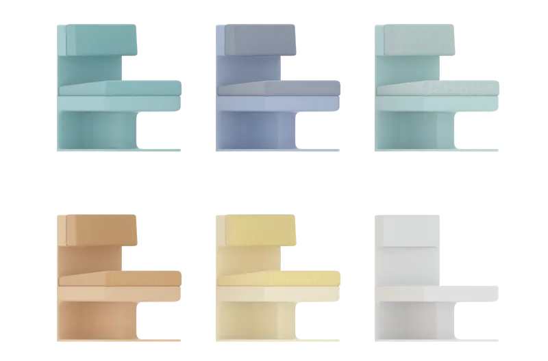 Color variations of the sofa module - as follows - angelite, amethyst, aquamarine, amber, citrine and neutral white base.