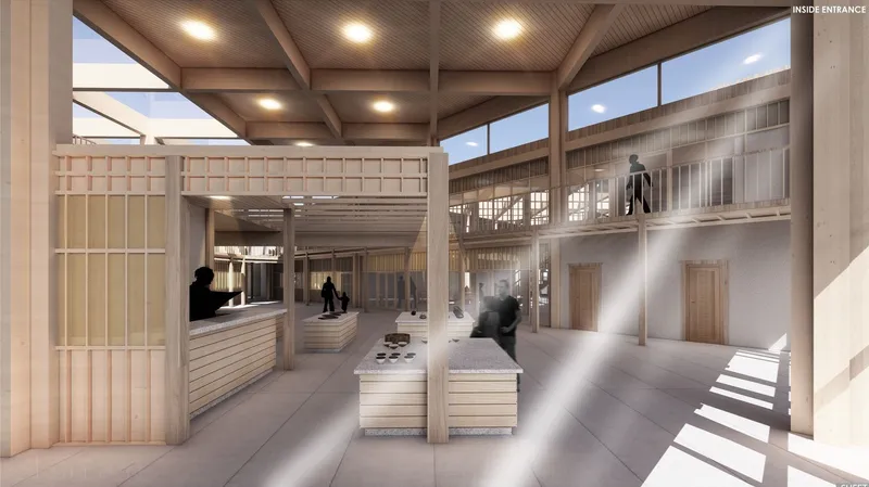 Spacious interior with wooden beams and natural light.