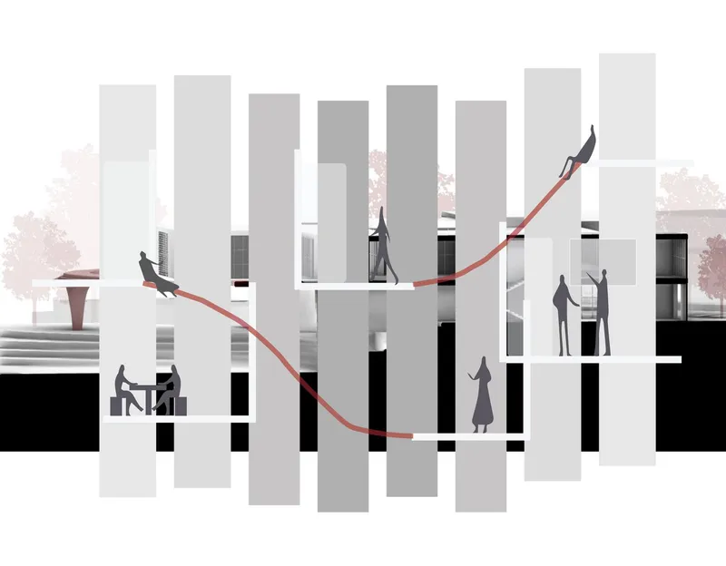 Conceptual architectural section showing dynamic ramp in a workspace.
