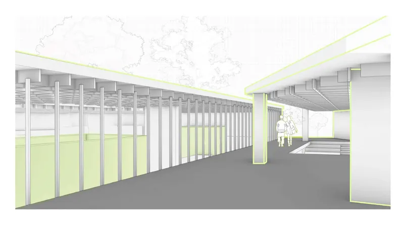Open office with green roof, integrating work and play.