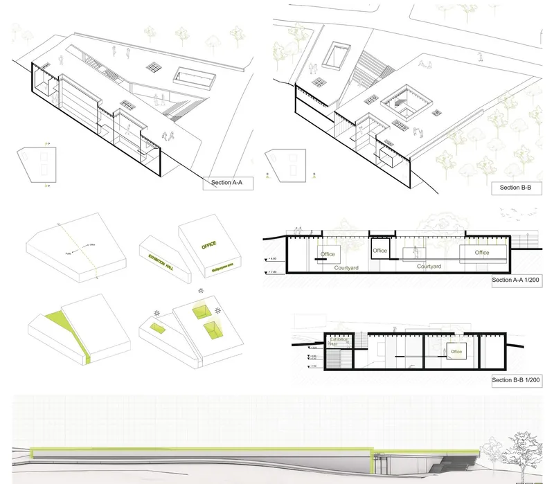 Sustainable design with natural light, ventilation, and green roof.