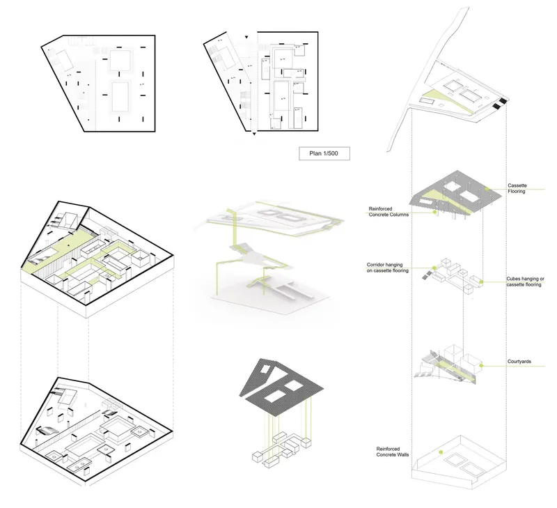 Flexible, adaptable workspace with suspended cubes and courtyards.