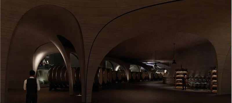 Underground wine cellar with arching concrete ceilings.