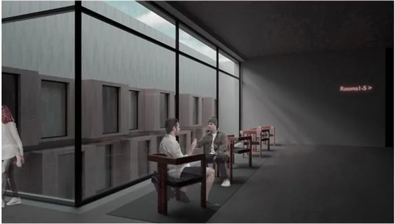 Indoor seating area with view of the light courtyard.