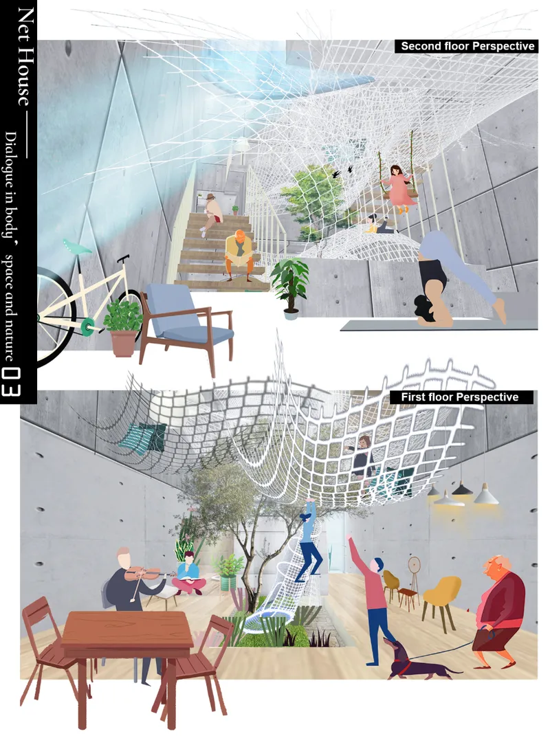 Interior perspective drawing showing split-level spaces with suspended net and residents engaged in daily activities