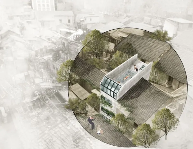 Aerial axonometric rendering showing a tiled roof renovation with glazed courtyard insertion and surrounding trees