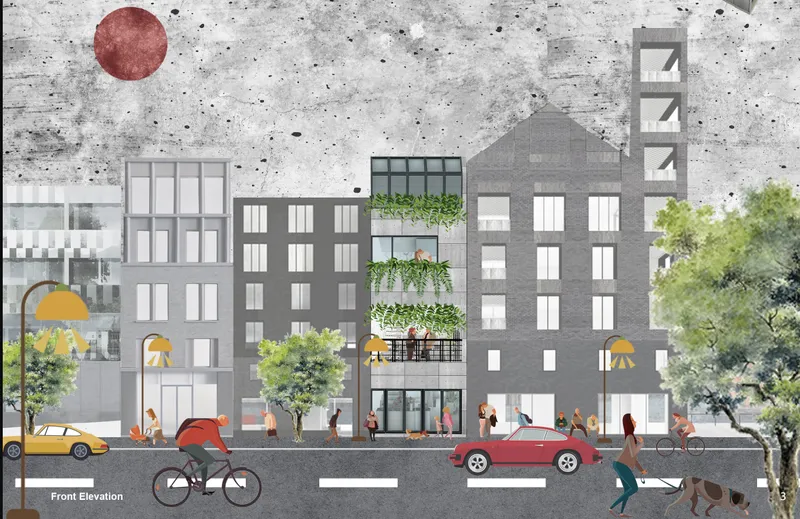 Front elevation drawing of mixed-use street facade with planted balconies and pedestrians below