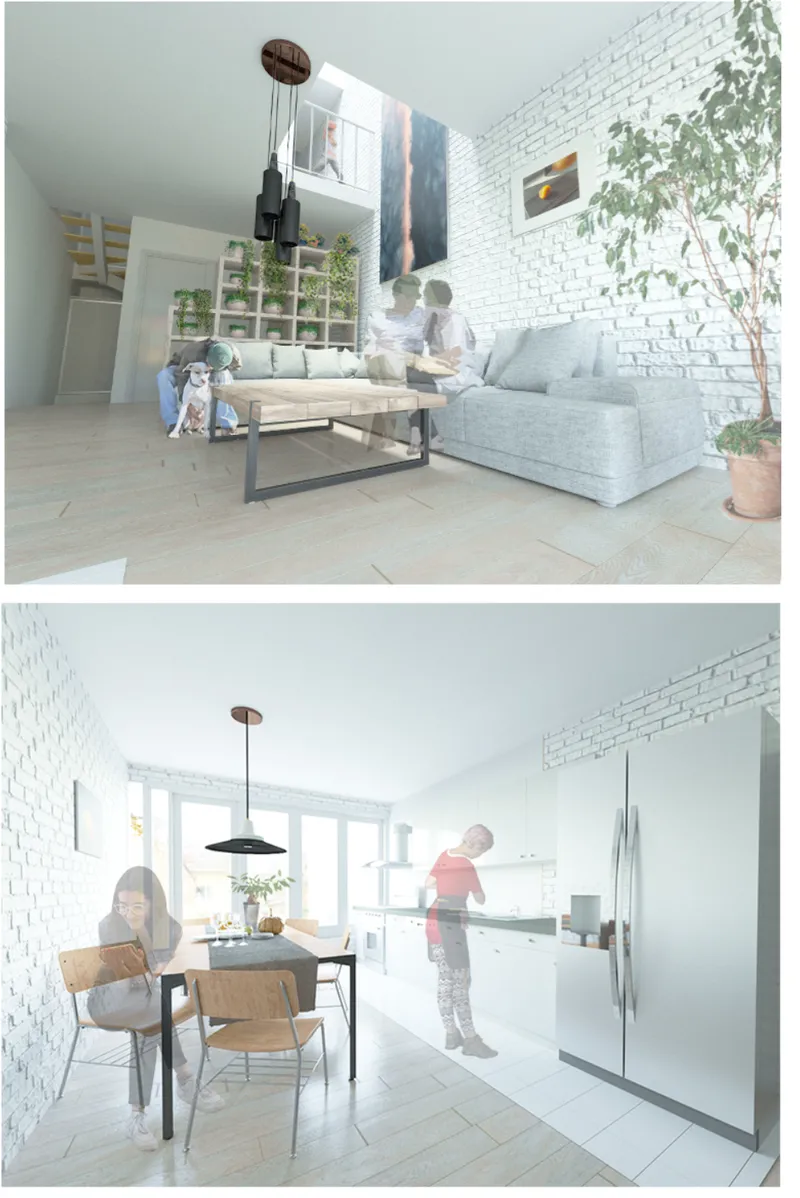 Living area and kitchen with white brick walls, potted plants, and figures in soft daylight