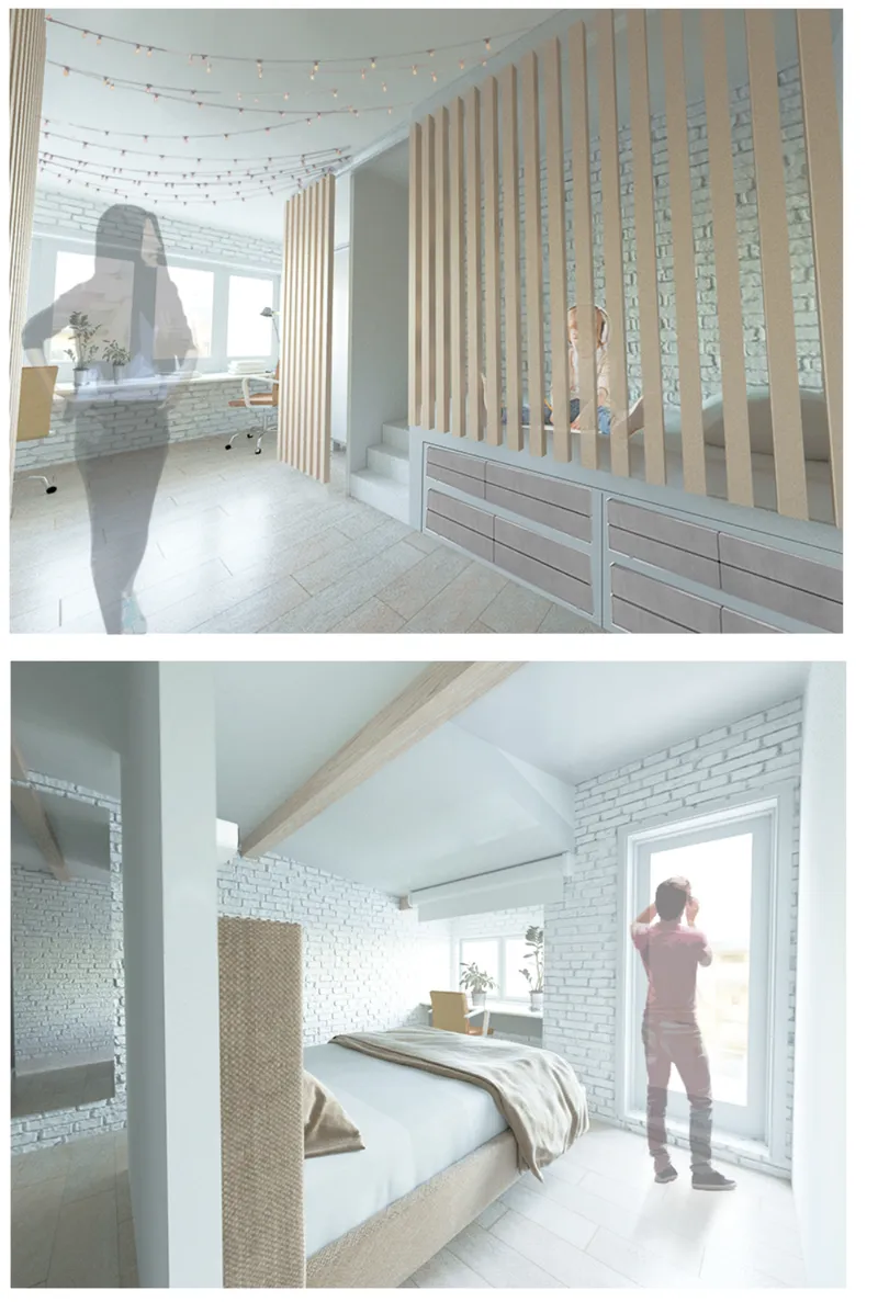 Bedroom with vertical timber screen and figure standing at the window in bright natural light