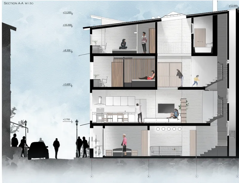 Section drawing through multiple floors with figures, white brick walls, and timber slat partitions