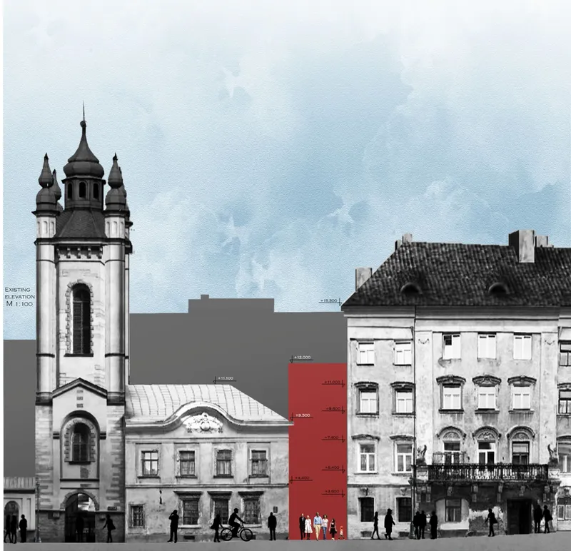 Section drawing showing infill between a bell tower and adjacent buildings with pedestrians at street level