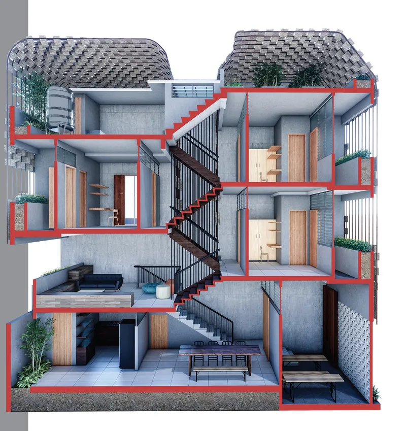Sectional model from the opposite angle revealing the staircase winding through concrete floor plates