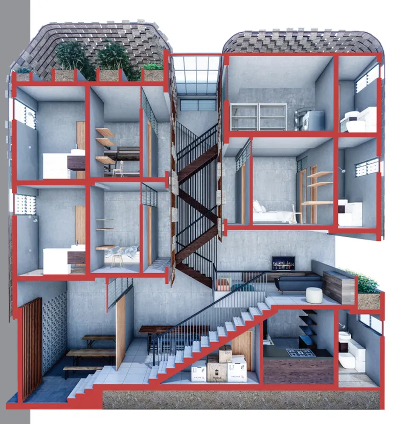 Sectional model showing the central steel staircase linking four levels with planted roof terraces