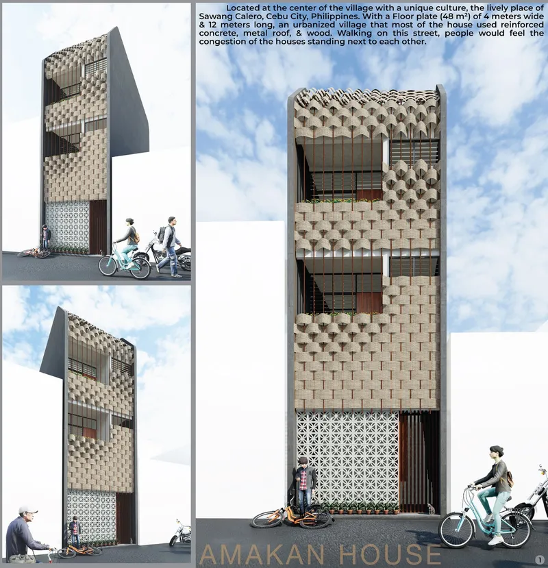 Street view of the narrow facade with woven basket-pattern masonry screen and cyclists passing by