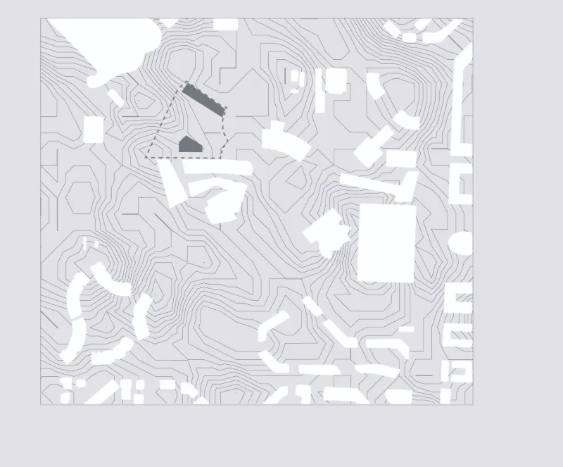 Site plan drawing with topographic contour lines showing buildings and landscape among sloping terrain