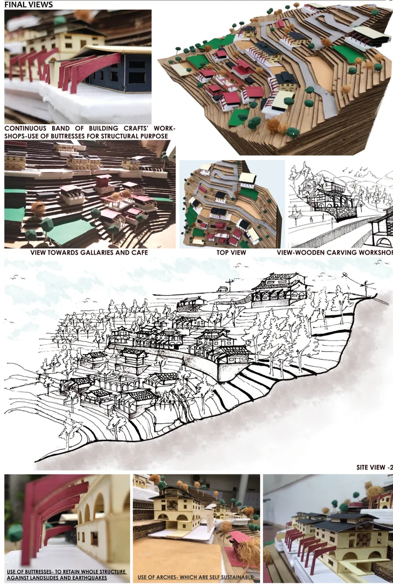 Physical model showing layered timber and colored panel volumes stepping down a hillside site