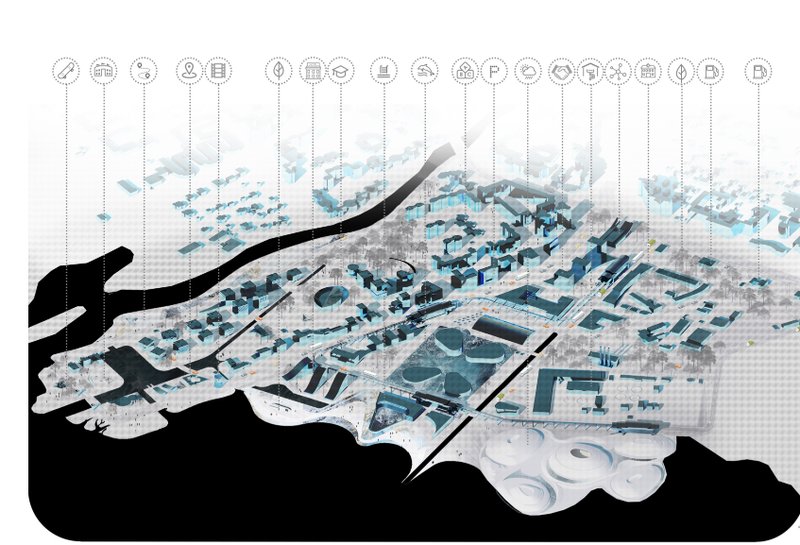 Exploded axonometric drawing showing layered urban blocks in blue and grey with icon annotations above