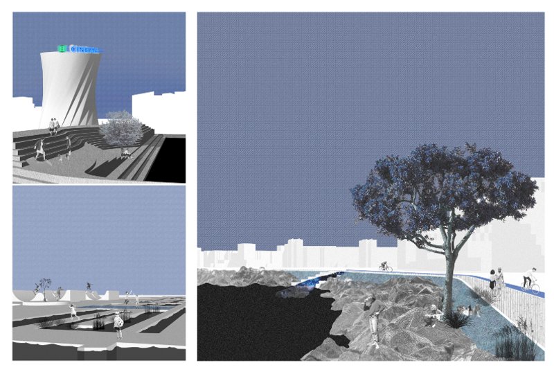 Collage rendering of coastal promenade with tree, pedestrians, and blue sky backdrop