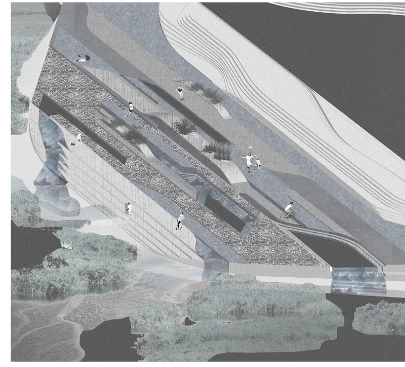 Aerial plan view of linear waterfront plaza with planted beds, paving bands, and walking figures