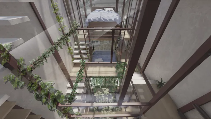 Upward view through multi-level void with suspended bedroom platform and climbing plants