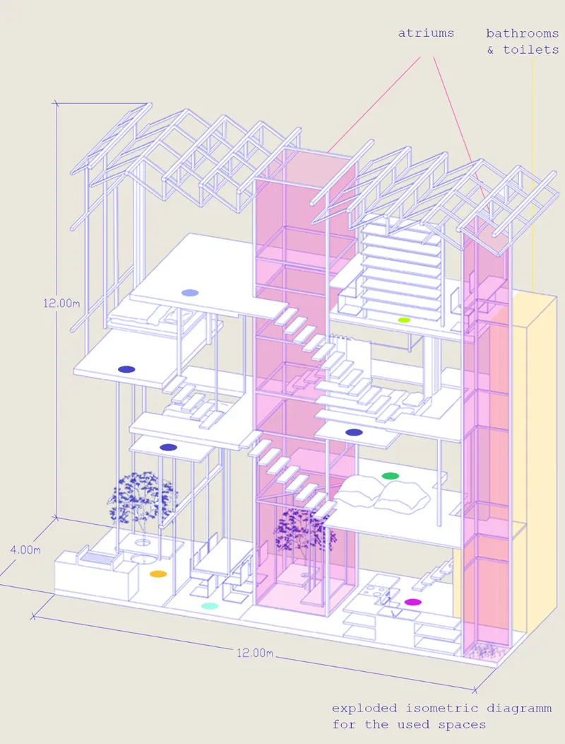 Exploded axonometric diagram showing stacked floor plates with atrium and service cores in pink